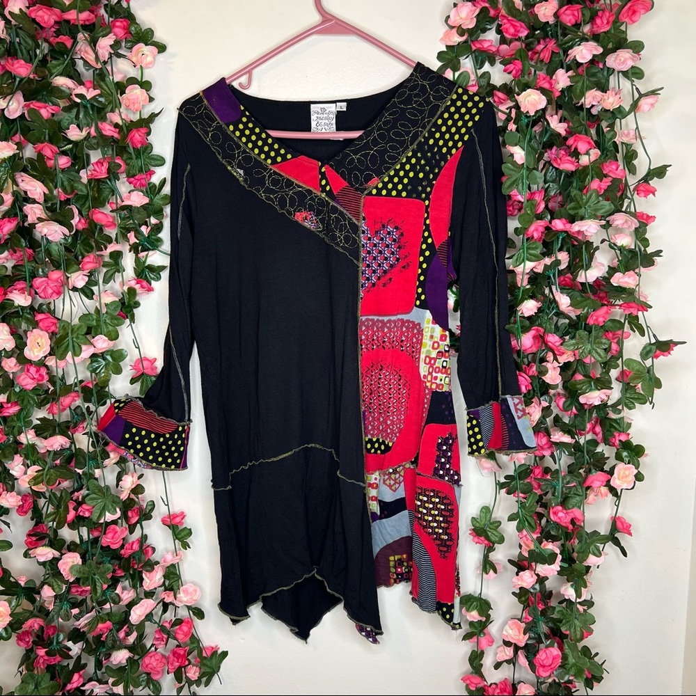 🌹Parsley & Sage Womens Black Red Patchwork Lagenlook Blouse Boho Quirky L